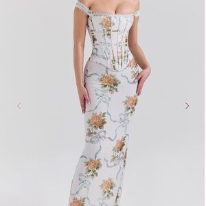 house of CB ISIS Soft Blue Vintage Print Corset Maxi Dress